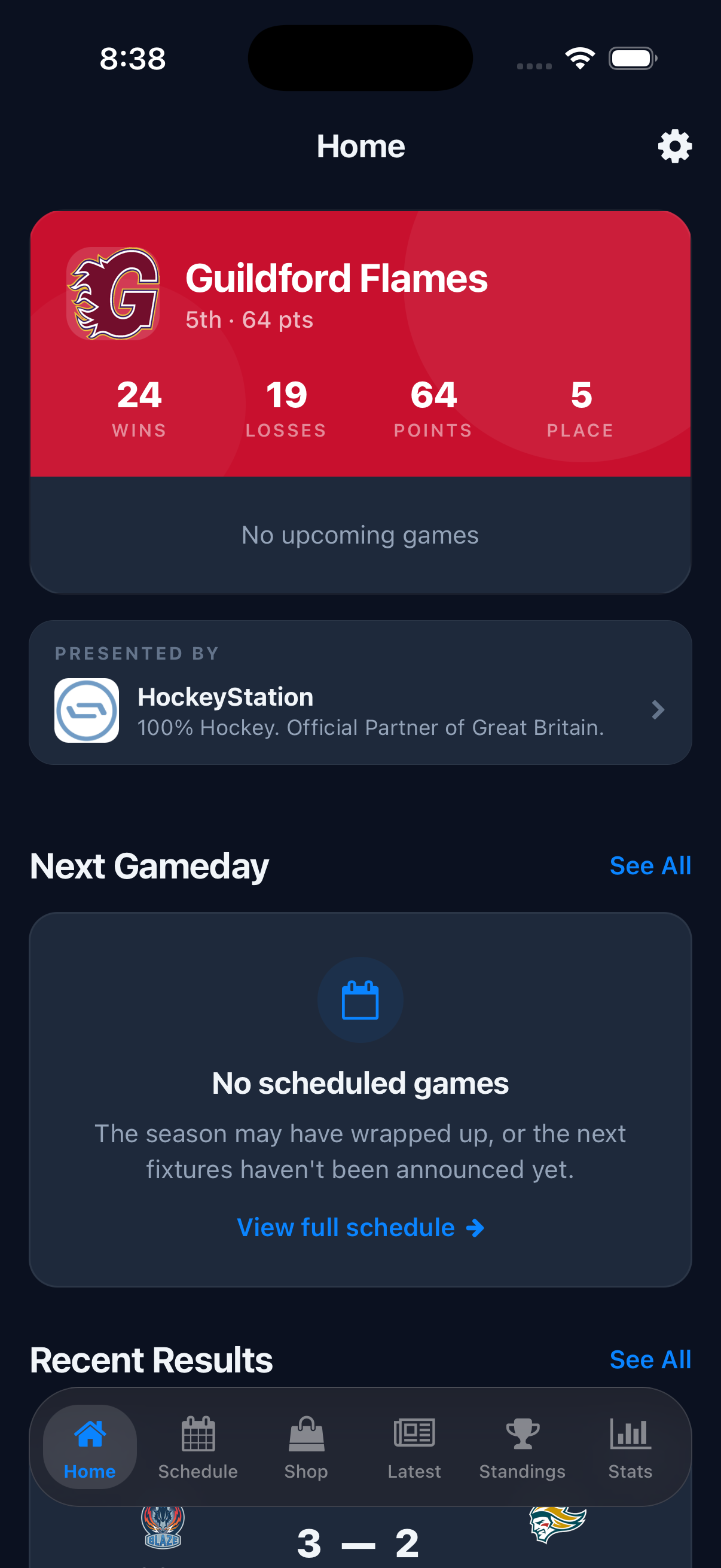 Phone screenshot of the Elite Ice home tab with a "Presented by HockeyStation" partner card under the favourite-team summary