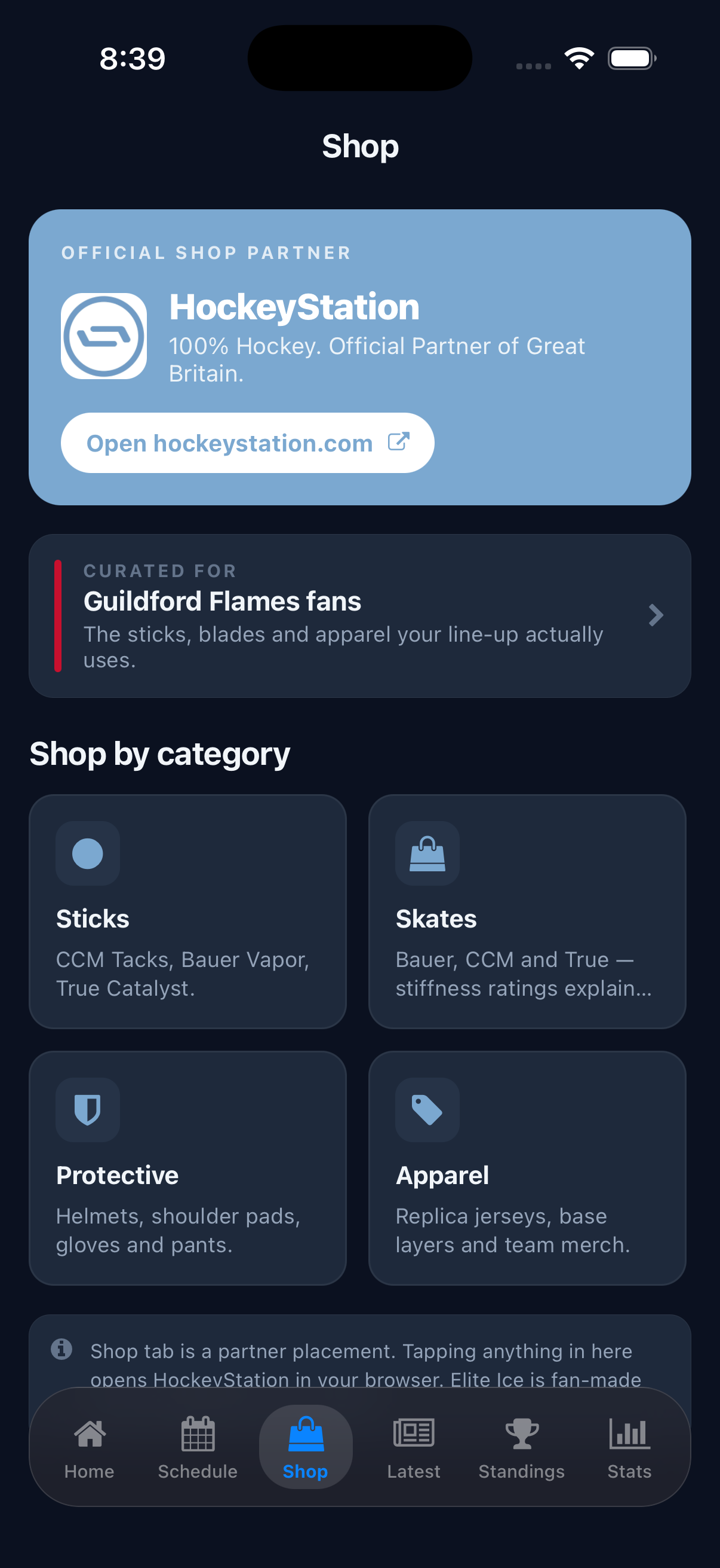 Phone screenshot of the Elite Ice Shop tab with an "Official shop partner, HockeyStation" hero card and shop-by-category grid
