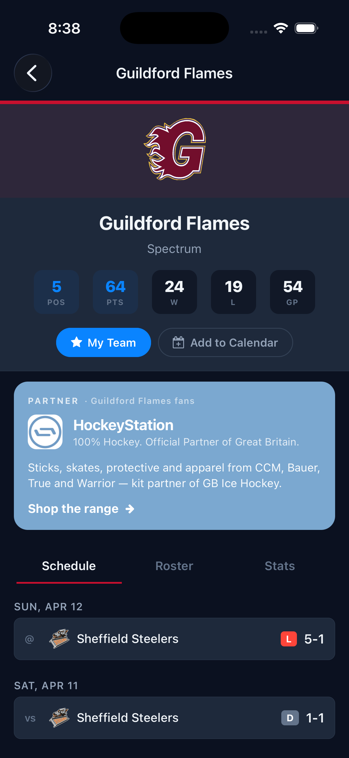 Phone screenshot of the Guildford Flames team page with a HockeyStation partner card sitting beneath the season stats